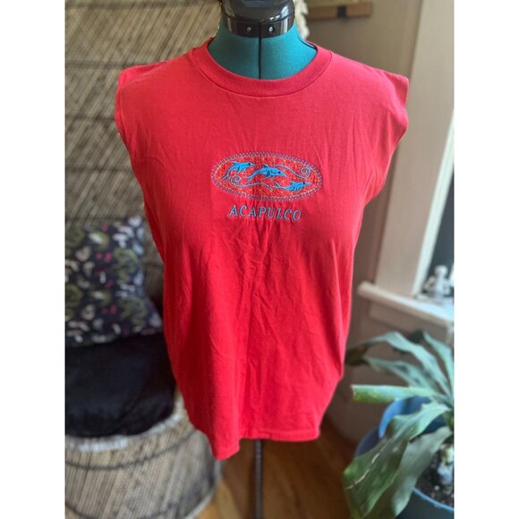 Vintage 90s Embroidered "Acapulco" with Dolphins Motif Sleeveless Red Tee - Picture 1 of 6